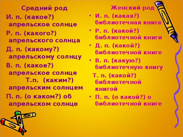 Средний род  И. п. (какое?) апрельское солнце  Р. п. (какого?) апрельского солнца  Д. п. (какому?) апрельскому солнцу  В. п. (какое?) апрельское солнце Т.п. (каким?) апрельским солнцем  П. п. (о каком?) об апрельском солнце  Женский род И. п. (какая?) библиотечная книга Р. п. (какой?) библиотечной книги Д. п. (какой?) библиотечной книге В. п. (какую?) библиотечную книгу  Т. п. (какой?) библиотечной книгой