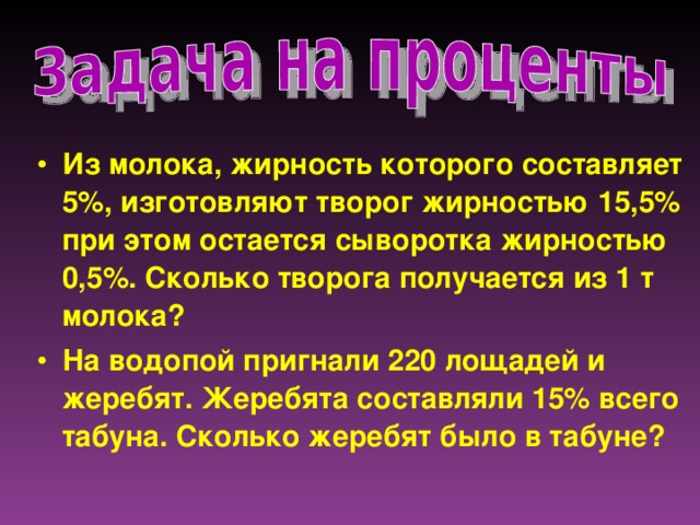 Из молока, жирность которого составляет 5%, изготовляют творог жирностью 15,5% при этом остается сыворотка жирностью 0,5%. Сколько творога получается из 1 т молока? На водопой пригнали 220 лощадей и жеребят. Жеребята составляли 15% всего табуна. Сколько жеребят было в табуне?