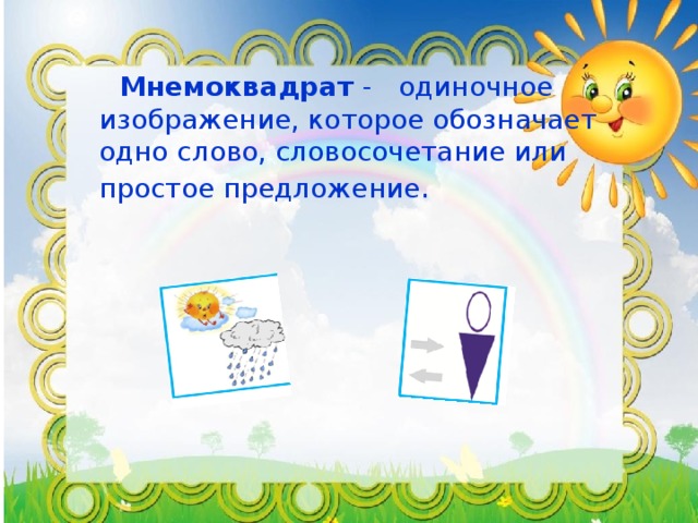 Мнемоквадрат - одиночное изображение, которое обозначает одно слово, словосочетание или простое предложение .