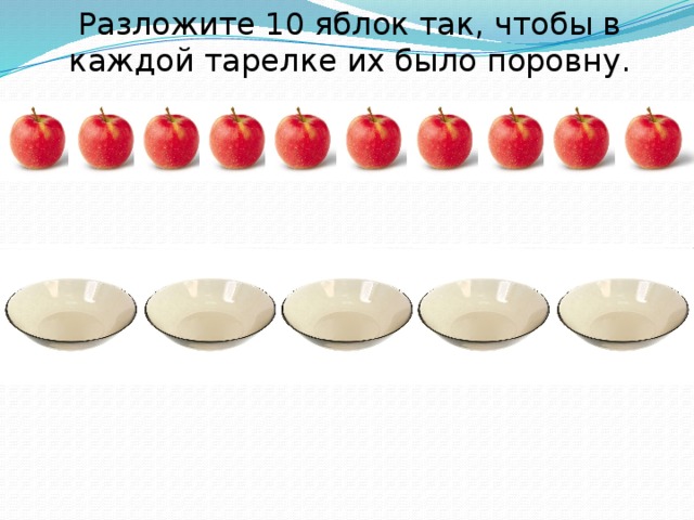 Разложите 10 яблок так, чтобы в каждой тарелке их было поровну.