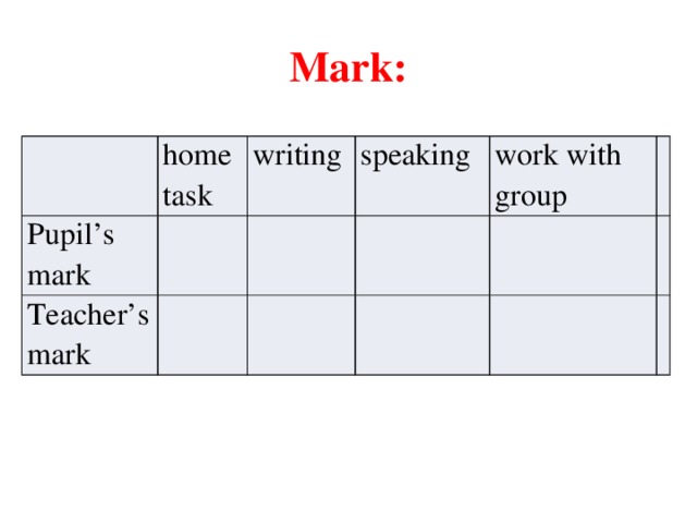 Mark: home task Pupil’s mark writing Teacher’s mark speaking work with group