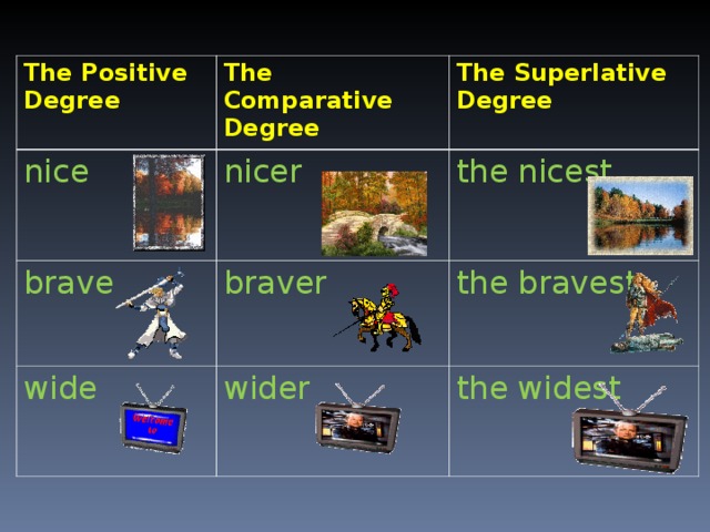 The Positive Degree nice The Comparative Degree The Superlative Degree nicer brave the nicest wide braver wider the bravest the widest