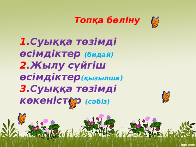 Топқа бөліну  1 .Суыққа төзімді өсімдіктер (бидай) 2 .Жылу сүйгіш өсімдіктер (қызылша) 3 .Суыққа төзімді көкеністер (сәбіз)