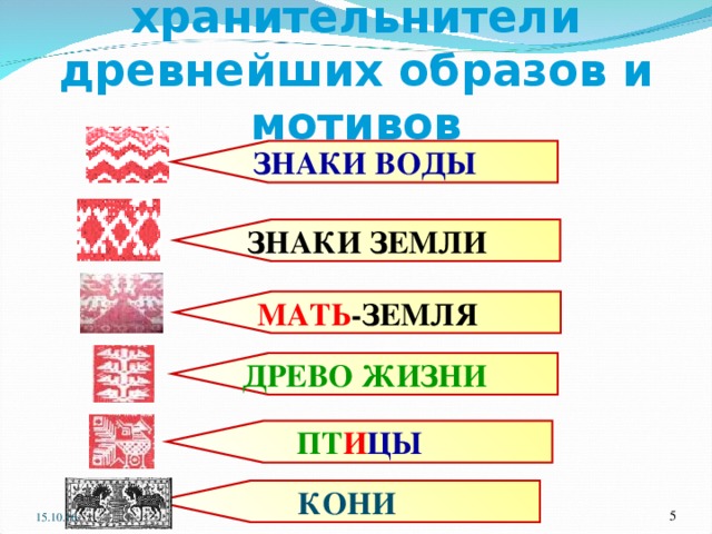 Крестьянские узоры– хранительнители древнейших образов и мотивов ЗНАКИ ВОДЫ ЗНАКИ ЗЕМЛИ МАТЬ -ЗЕМЛЯ ДРЕВО ЖИЗНИ ПТ И ЦЫ КОНИ  15.10.16