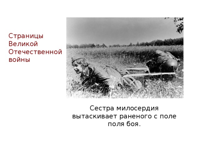 Страницы Великой Отечественной войны Сестра милосердия вытаскивает раненого с поле поля боя.