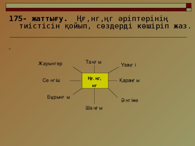 175- жаттығу. Ңғ,нг,ңг әріптерінің тиістісін қойып, сөздерді көшіріп жаз. нг ңғ Та ы нг Жауы ер ңг Үзе і Ңғ. ңг, нг Се іш Қара ы ңғ нг Бұры ы нғ Ә іме нг Ша ы ңғ