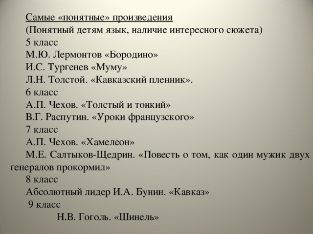 Самые «понятные» произведения (Понятный детям язык, наличие интересного сюжета) 5 класс М.Ю. Лермонтов «Бородино» И.С. Тургенев «Муму» Л.Н. Толстой. «Кавказский пленник». 6 класс А.П. Чехов. «Толстый и тонкий» В.Г. Распутин. «Уроки французского» 7 класс А.П. Чехов. «Хамелеон» М.Е. Салтыков-Щедрин. «Повесть о том, как один мужик двух генералов прокормил» 8 класс Абсолютный лидер И.А. Бунин. «Кавказ»  9 класс  Н.В. Гоголь. «Шинель»