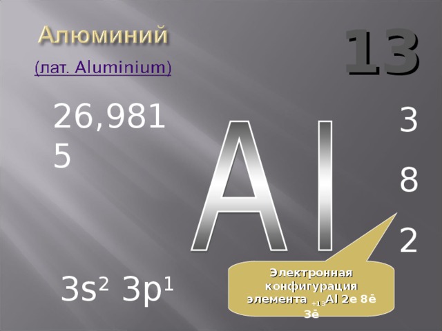 13 26,9815 3 8 2 Электронная конфигурация элемента  + 13 Al 2 е 8 ē 3 ē 3 s 2 3p 1