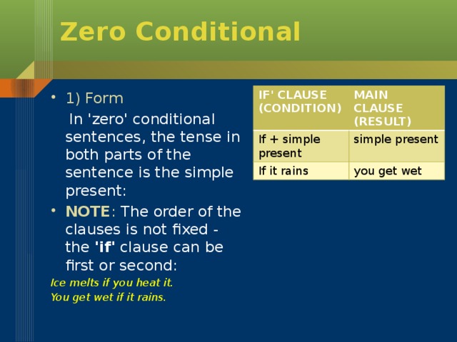 Zero Conditional 1) Form  In 'zero' conditional sentences, the tense in both parts of the sentence is the simple present: NOTE : The order of the clauses is not fixed - the 'if' clause can be first or second: Ice melts if you heat it. You get wet if it rains. IF' CLAUSE (CONDITION) MAIN CLAUSE (RESULT) If + simple present simple present If it rains you get wet