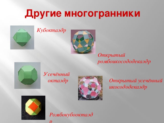 Другие многогранники Кубоктаэдр Открытый  ромбоикосододекаэдр  Усечённый октаэдр  Открытый усечённый  икосододекаэдр  Ромбокубооктаэдр