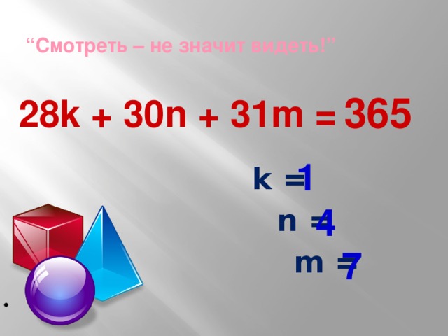 “ Смотреть – не значит видеть!”   365 28k + 30n + 31m = 1  k =  n =  m = 4 7