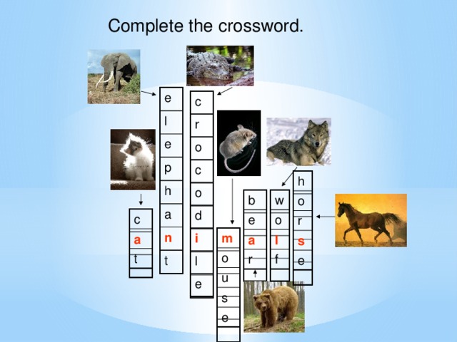 Complete the crossword. e l e p h a n t c r o c o d i l e h o r s e b w e o a l f r c a t m o u s e