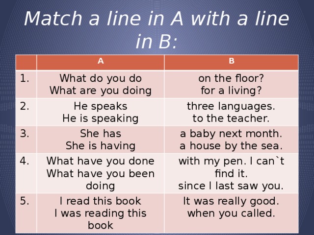 Match a line in A with a line in B: A 1. B What do you do 2. What are you doing He speaks 3. on the floor? He is speaking 4. She has three languages. for a living? to the teacher. She is having What have you done a baby next month. 5. What have you been doing a house by the sea. with my pen. I can`t find it. I read this book since I last saw you. I was reading this book It was really good. when you called.