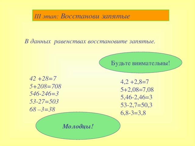 III этап: Восстанови запятые В данных равенствах восстановите запятые.  Будьте внимательны! 42 +28=7 5+208=708 546-246=3 53-27=503 68 –3=38 4,2 +2,8=7 5+2,08=7,08 5,46-2,46=3 53-2,7=50,3 6,8-3=3,8 Молодцы!