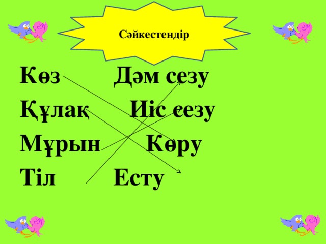 Сәйкестендір Көз     Дәм сезу Құлақ    Иіс сезу Мұрын    Көру Тіл     Есту