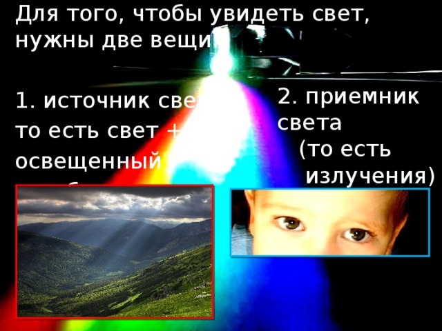 Для того, чтобы увидеть свет, нужны две вещи: 1. источник света, то есть свет + освещенный им объект 2. приемник света  (то есть  излучения) — глаз.