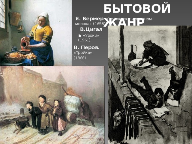БЫТОВОЙ ЖАНР Я. Вермер «Служанка с кувшином молока» (1658)   В.Цигаль « Уроки» (1961) В. Перов. «Тройка» (1866)  