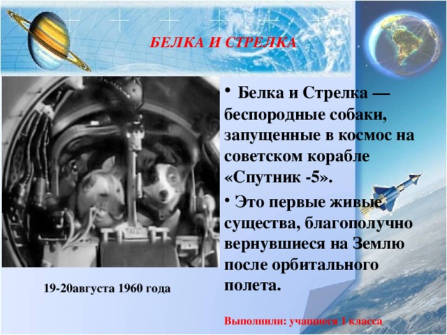 БЕЛКА И СТРЕЛКА  Белка и Стрелка — беспородные собаки, запущенные в космос на советском корабле «Спутник -5».  Это первые живые существа, благополучно вернувшиеся на Землю после орбитального полета.  Выполнили: учащиеся 1 класса 19-20августа 1960 года