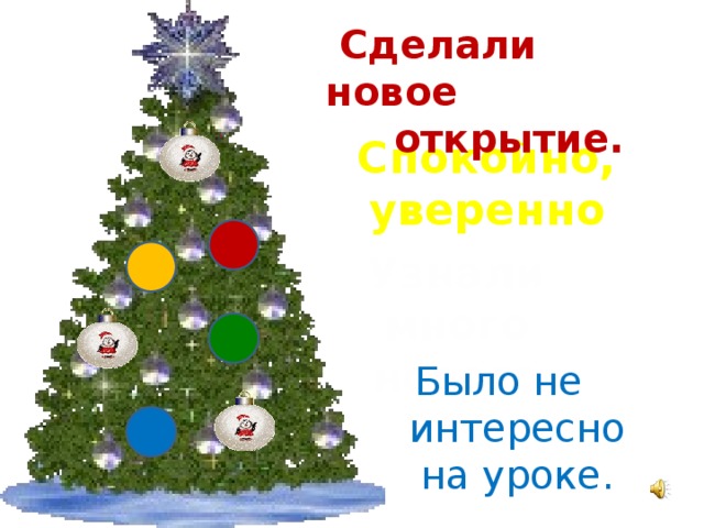 Сделали новое  открытие. Спокойно,  уверенно Узнали много нового  Было не  интересно  на уроке.