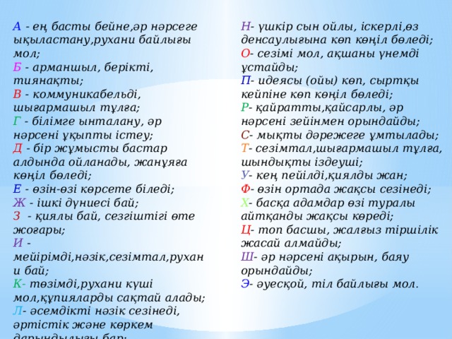 А - ең басты бейне,әр нәрсеге ықыластану,рухани байлығы мол; Н - үшкір сын ойлы, іскерлі,өз денсаулығына көп көңіл бөледі; О - сезімі мол, ақшаны үнемді ұстайды; Б - арманшыл, берікті, тиянақты; П - идеясы (ойы) көп, сыртқы кейпіне көп көңіл бөледі; В - коммуникабельді, шығармашыл тұлға; Р - қайратты,қайсарлы, әр нәрсені зейінмен орындайды; Г - білімге ынталану, әр нәрсені ұқыпты істеу; С - мықты дәрежеге ұмтылады; Д - бір жұмысты бастар алдында ойланады, жанұяға көңіл бөледі; Т - сезімтал,шығармашыл тұлға, шындықты іздеуші; Е - өзін-өзі көрсете біледі; У - кең пейілді,қиялды жан; Ж - ішкі дүниесі бай; З - қиялы бай, сезгіштігі өте жоғары; Ф - өзін ортада жақсы сезінеді; И - мейірімді,нәзік,сезімтал,рухани бай; Х - басқа адамдар өзі туралы айтқанды жақсы көреді; К- төзімді,рухани күші мол,құпияларды сақтай алады; Ц - топ басшы, жалғыз тіршілік жасай алмайды; Л - әсемдікті нәзік сезінеді, әртістік және көркем дарындылығы бар; Ш - әр нәрсені ақырын, баяу орындайды; М - әр адамға көмек көрсетуге ынталанады; Э - әуесқой, тіл байлығы мол .