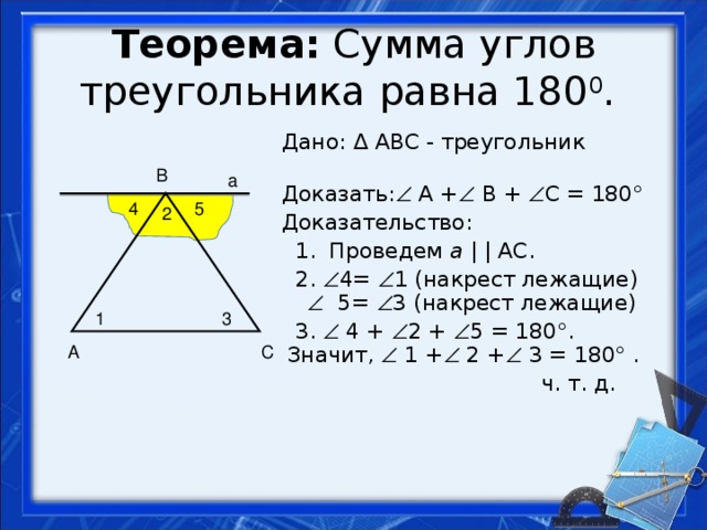 Теорема: Сумма углов треугольника равна 180 0 .  Дано: Δ АВС - треугольник  Доказать:  А +  В +  С = 180°  Доказательство:  1. Проведем  а  | |  АС.  2.  4=  1 (накрест лежащие)     5=  3 (накрест лежащие)  3.  4 +  2 +  5 = 180°.  Значит,  1 +  2 +  3 = 180° .  ч. т. д. В а 5 4 2 1 3 А С