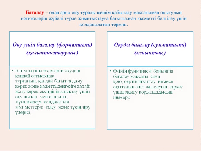 Бағалау – одан арғы оқу туралы шешім қабылдау мақсатымен оқытудың нәтижелерін жүйелі түрде жиынтықтауға бағытталған қызметті белгілеу үшін қолданылатын термин.