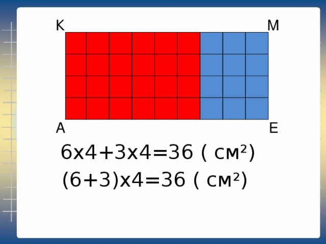 М К                                                                        А Е 6х4+3х4=36 ( см 2 ) (6+3)х4=36 ( см 2 )