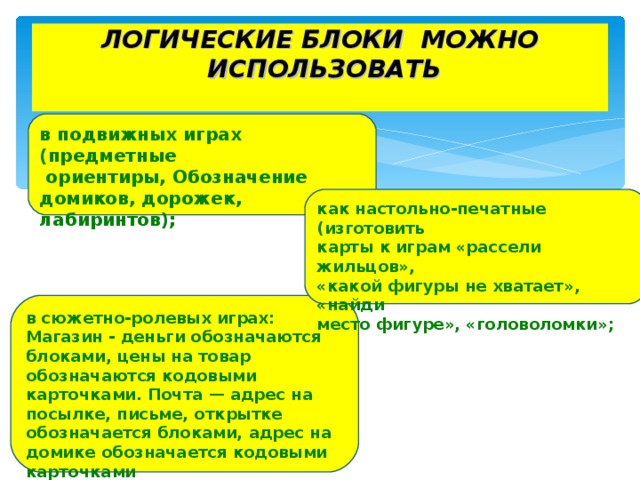 ЛОГИЧЕСКИЕ БЛОКИ МОЖНО  ИСПОЛЬЗОВАТЬ   в подвижных играх (предметные  ориентиры, Обозначение домиков, дорожек, лабиринтов);  как настольно-печатные (изготовить карты к играм «рассели жильцов», «какой фигуры не хватает», «найди место фигуре», «головоломки»;  в сюжетно-ролевых играх: Магазин - деньги обозначаются блоками, цены на товар обозначаются кодовыми карточками. Почта — адрес на посылке, письме, открытке обозначается блоками, адрес на домике обозначается кодовыми карточками