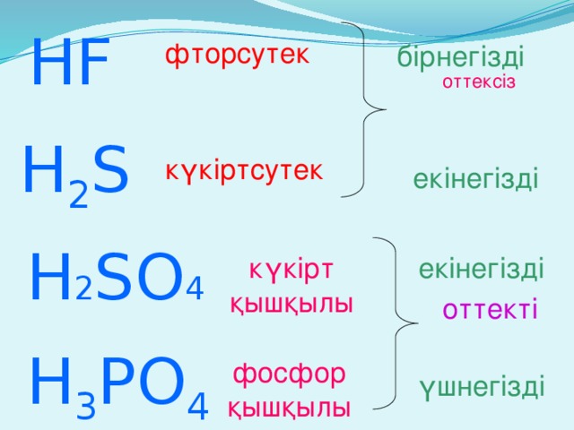 HF фторсутек бірнегізді оттексіз H 2 S күкіртсутек екінегізді Н 2 SO 4 күкірт қышқылы екінегізді оттекті H 3 PO 4 фосфор қышқылы үшнегізді