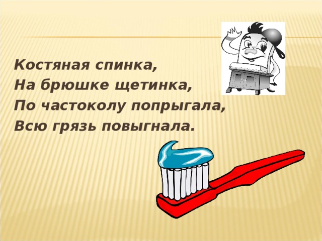 Костяная спинка, На брюшке щетинка, По частоколу попрыгала, Всю грязь повыгнала.