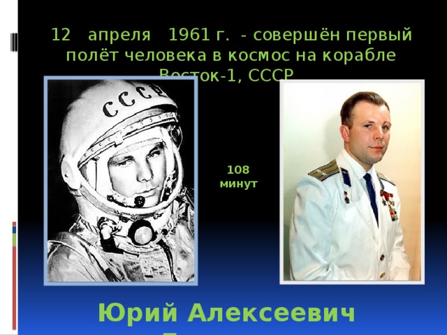 12 апреля 1961 г. - совершён первый полёт человека в космос на корабле Восток-1, СССР. 108  минут  Юрий Алексеевич Гагарин
