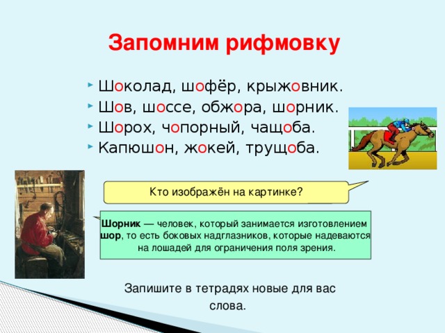 Запомним рифмовку   Ш о колад, ш о фёр, крыж о вник. Ш о в, ш о ссе, обж о ра, ш о рник. Ш о рох, ч о порный, чащ о ба. Капюш о н, ж о кей, трущ о ба. Кто изображён на картинке?   Шорник — человек, который занимается изготовлением шор , то есть боковых надглазников, которые надеваются  на лошадей для ограничения поля зрения. Что означает слово шорник ? Запишите в тетрадях новые для вас слова.