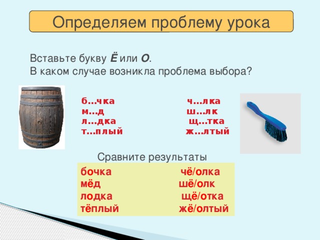 Определяем проблему урока Вставьте букву Ё или О .  В каком случае возникла проблема выбора? б…чка ч…лка м…д ш…лк л…дка щ…тка т…плый ж…лтый Сравните результаты б о чка ч ё/о лка м ё д ш ё/о лк л о дка щ ё/о тка т ё плый ж ё/о лтый