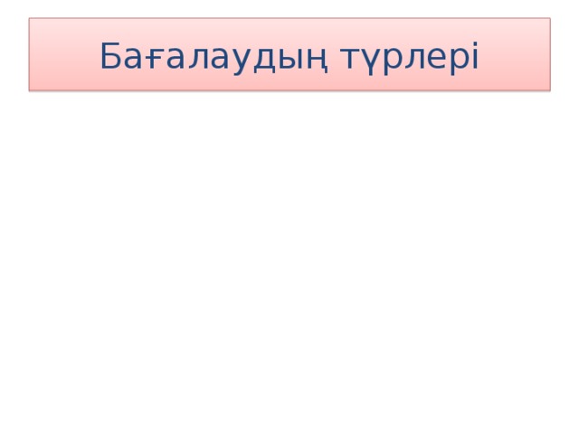 Бағалаудың түрлері Бағалау Қалыптастырушы Сандық баға қойылмайды Ауызша, жазбаша кері байланыс жасалып, ынталандырылады Жиынтық Оқыту қорытындыланып бағаланады