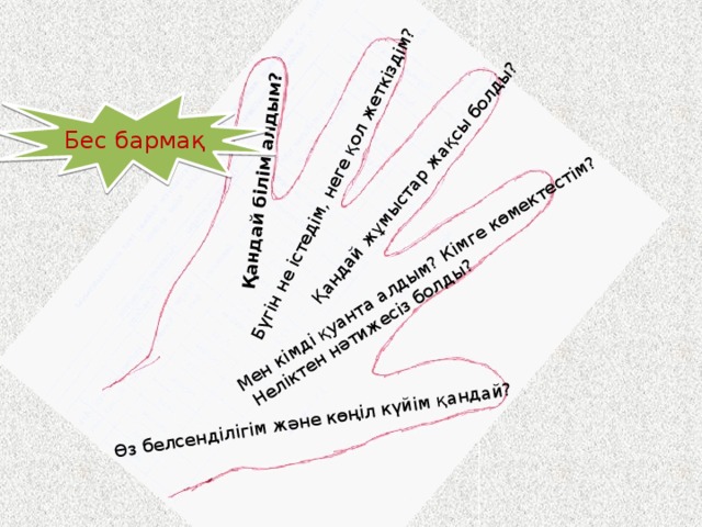 Қандай білім алдым? Бүгін не істедім, неге қол жеткіздім? Қандай жұмыстар жақсы болды? Мен кімді қуанта алдым? Кімге көмектестім?  Неліктен нәтижесіз болды? Өз белсенділігім және көңіл күйім қандай? Бес бармақ