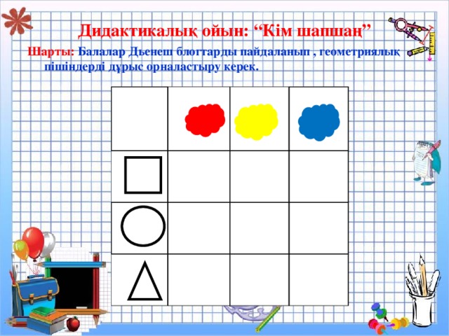 Дидактикалық ойын: “Кім шапшаң” Шарты:  Балалар Дьенеш блогтарды пайдаланып , геометриялық пішіндерді дұрыс орналастыру керек.