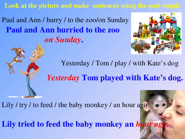 Look at the picture and make sentences using the past simple Paul and Ann / hurry / to the zoo/on Sunday Paul and Ann hurried to the zoo on Sunday . Yesterday / Tom / play / with Kate’s dog Yesterday Tom played with Kate’s dog. Lily / try / to feed / the baby monkey / an hour ago Lily tried to feed the baby monkey an hour ago.