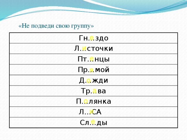 «Не подведи свою группу» е Гн…здо Л…сточки Пт…нцы Пр…мой Д…жди Тр…ва П…лянка Л…СА Сл…ды и е я о а о и е