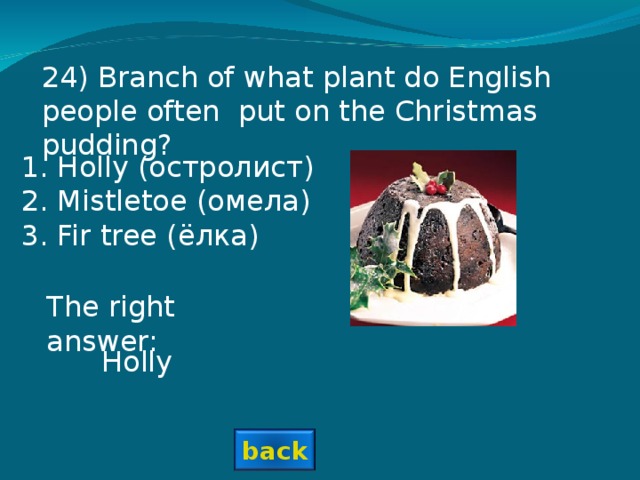 24 ) Branch of what plant do English people often put on the Christmas pudding? Holly (остролист) Mistletoe (омела) Fir tree (ёлка) The right answer: Holly back