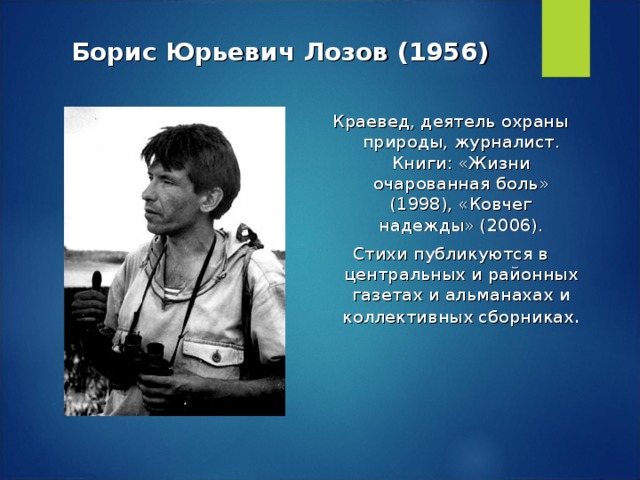 Борис Юрьевич Лозов (1956) Краевед, деятель охраны природы, журналист. Книги: «Жизни очарованная боль» (1998), «Ковчег надежды» (2006). Стихи публикуются в центральных и районных газетах и альманахах и коллективных сборниках .