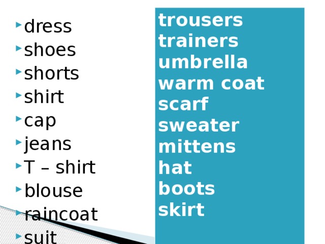 trousers trainers umbrella warm coat scarf sweater mittens hat boots skirt