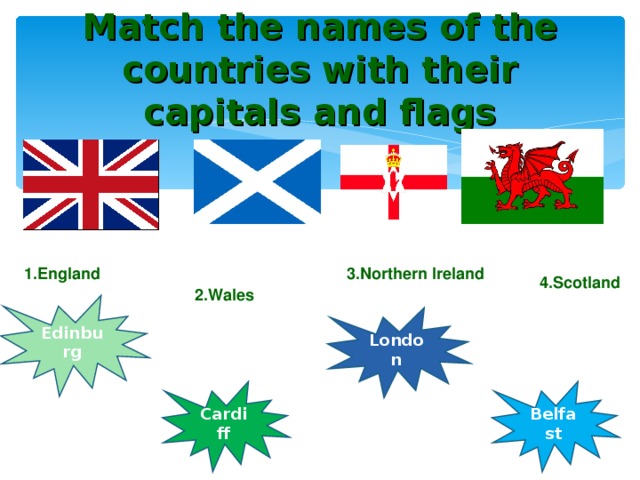 Match the names of the countries with their capitals and flags 1. England 3. Northern Ireland 4. Scotland 2. Wales Edinburg London Cardiff Belfast