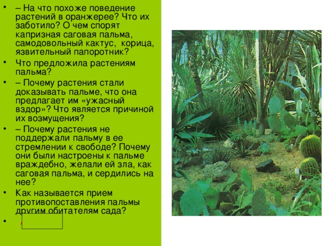 –  На что похоже поведение растений в оранжерее? Что их заботило? О чем спорят капризная саговая пальма, самодовольный кактус, корица, язвительный папоротник? Что предложила растениям пальма? –  Почему растения стали доказывать пальме, что она предлагает им «ужасный вздор»? Что является причиной их возмущения? –  Почему растения не поддержали пальму в ее стремлении к свободе? Почему они были настроены к пальме враждебно, желали ей зла, как саговая пальма, и сердились на нее? Как называется прием противопоставления пальмы другим обитателям сада?  Антитеза