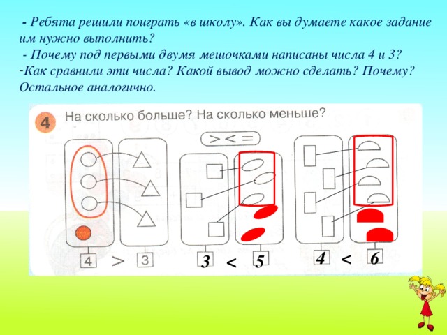 - Ребята решили поиграть «в школу». Как вы думаете какое задание им нужно выполнить?  - Почему под первыми двумя мешочками написаны числа 4 и 3? Как сравнили эти числа? Какой вывод можно сделать? Почему? Остальное аналогично.          6 4  5 3