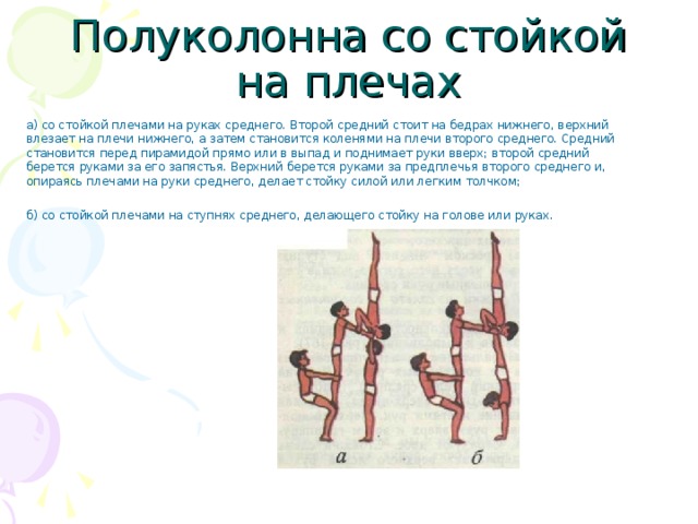 Полуколонна со стойкой на плечах а) со стойкой плечами на руках среднего. Второй средний стоит на бедрах нижнего, верхний влезает на плечи нижнего, а затем становится коленями на плечи второго среднего. Средний становится перед пирамидой прямо или в выпад и поднимает руки вверх; второй средний берется руками за его запястья. Верхний берется руками за предплечья второго среднего и, опираясь плечами на руки среднего, делает стойку силой или легким толчком; б) со стойкой плечами на ступнях среднего, делающего стойку на голове или руках.