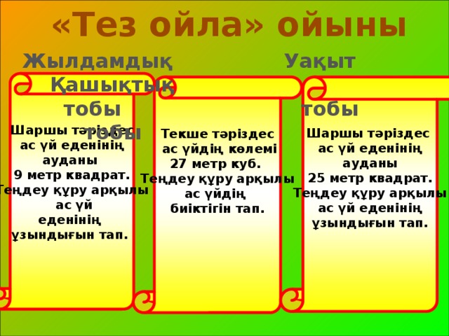 «Тез ойла» ойыны  Жылдамдық Уақыт Қашықтық  тобы тобы тобы Шаршы тәріздес  ас үй еденінің ауданы 9 метр квадрат. Теңдеу құру арқылы  ас үй еденінің ұзындығын тап.   Текше тәріздес Шаршы тәріздес  ас үйдің көлемі ас үй еденінің 27 метр куб. ауданы Теңдеу құру арқылы 25 метр квадрат. ас үйдің Теңдеу құру арқылы ас үй еденінің биіктігін тап.  ұзындығын тап.