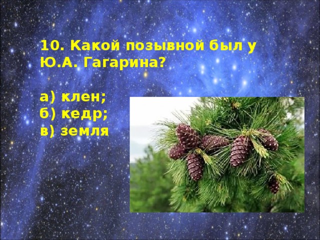 10. Какой позывной был у Ю.А. Гагарина?  а) клен; б) кедр; в) земля