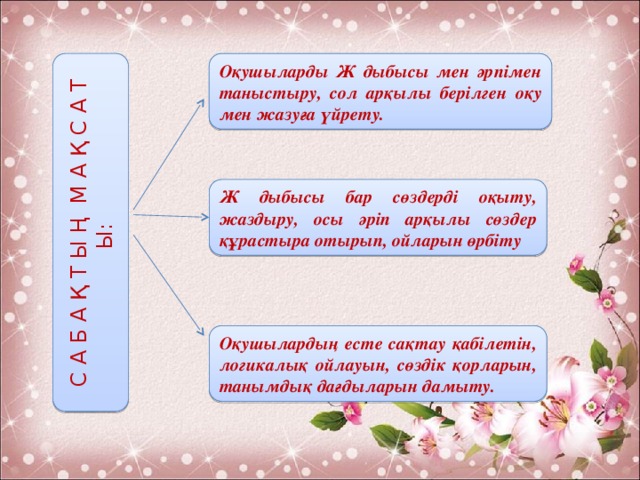 С А Б А Қ Т Ы Ң М А Қ С А Т Ы: Оқушыларды Ж дыбысы мен әрпімен таныстыру, сол арқылы берілген оқу мен жазуға үйрету. Ж дыбысы бар сөздерді оқыту, жаздыру, осы әріп арқылы сөздер құрастыра отырып, ойларын өрбіту Оқушылардың есте сақтау қабілетін, логикалық ойлауын, сөздік қорларын, танымдық дағдыларын дамыту.