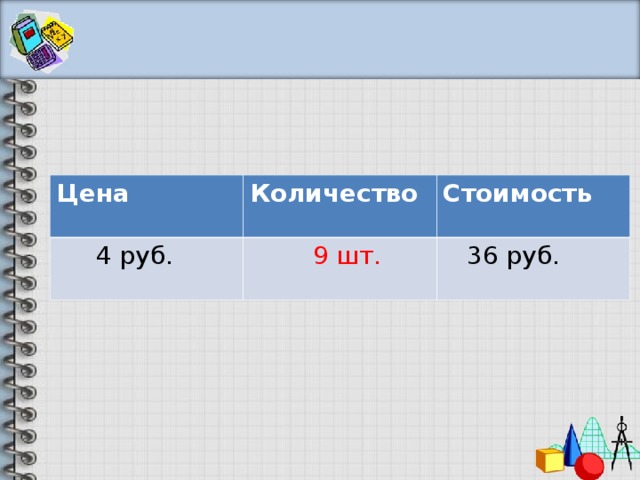 Цена Количество  4 руб. Стоимость  9 шт.  36  руб.