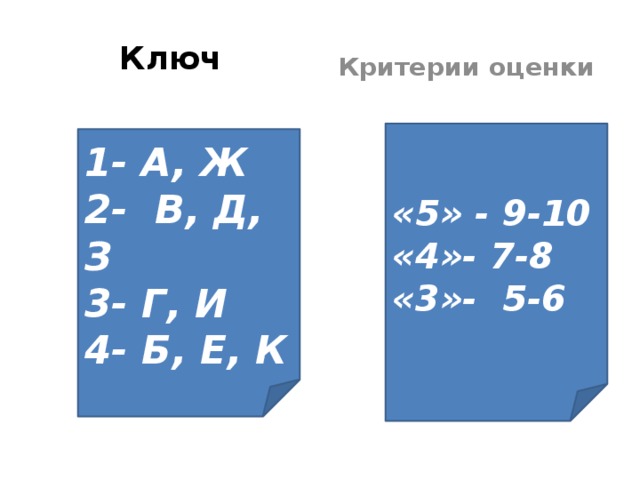 Ключ Критерии оценки «5» - 9-10 «4»- 7-8 «3»- 5-6 1- А, Ж 2- В, Д, З 3- Г, И 4- Б, Е, К